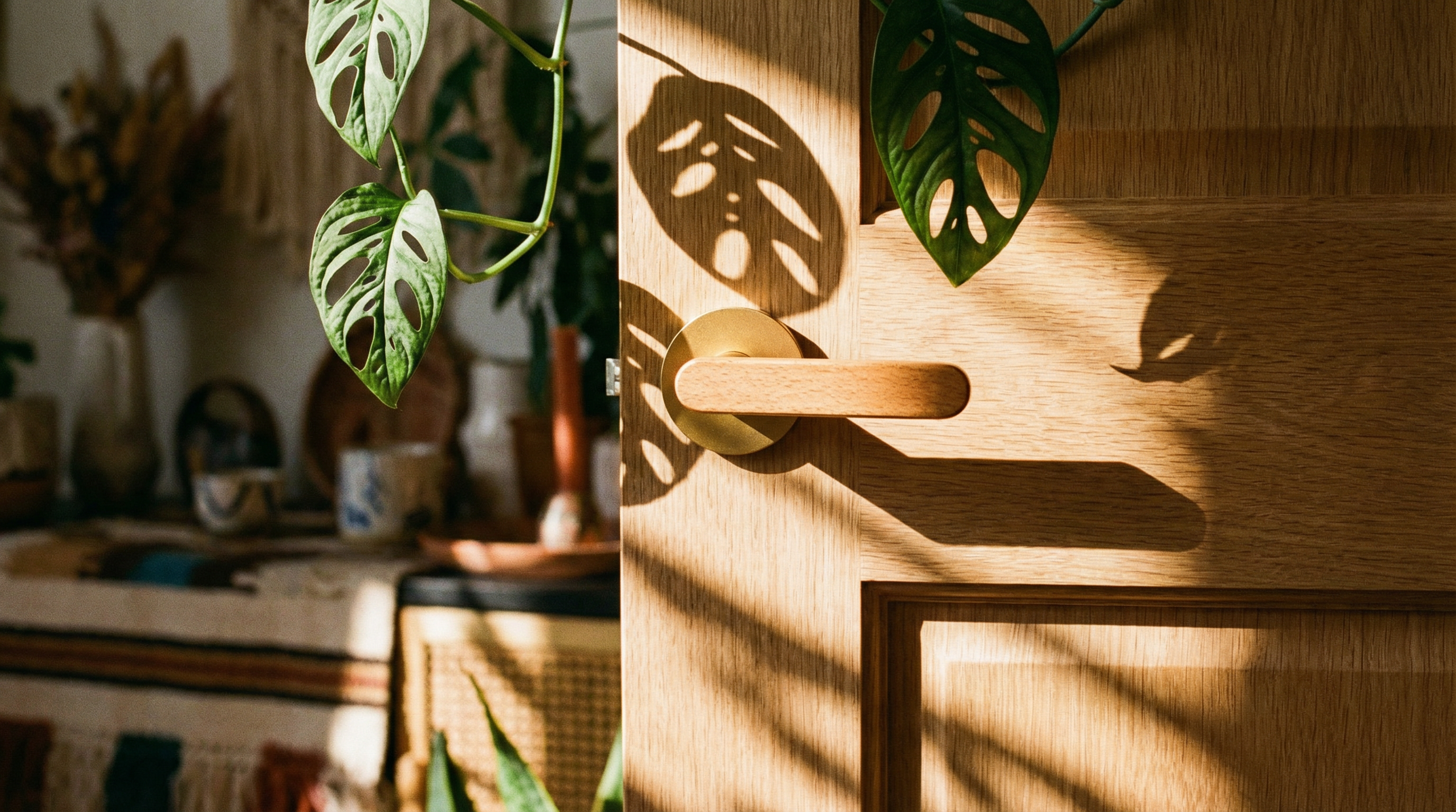 Wooden door with a polished gold and oak handle, sunlight casting shadows, and plants in the background.